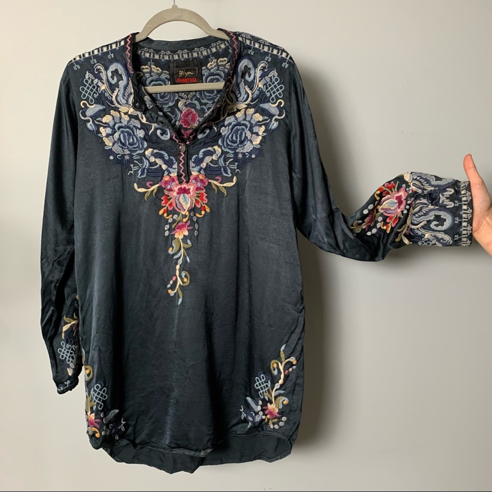 JOHNNY WAS BIYA EMBROIDERED SATIN BLOUSE
